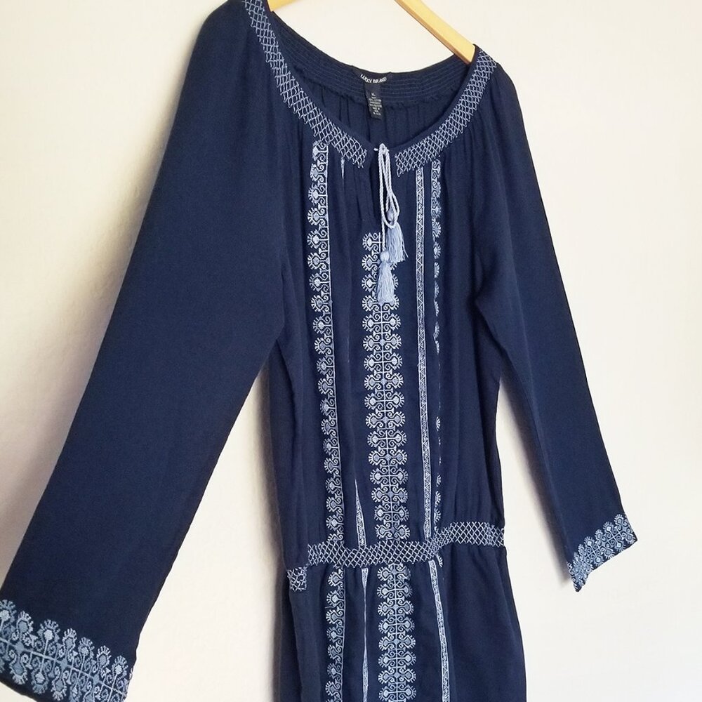 Lucky Brand Embroidered Mini Peasant Dress Long Sleeve Drop Waist Blue XL Cotton - Picture 4 of 14